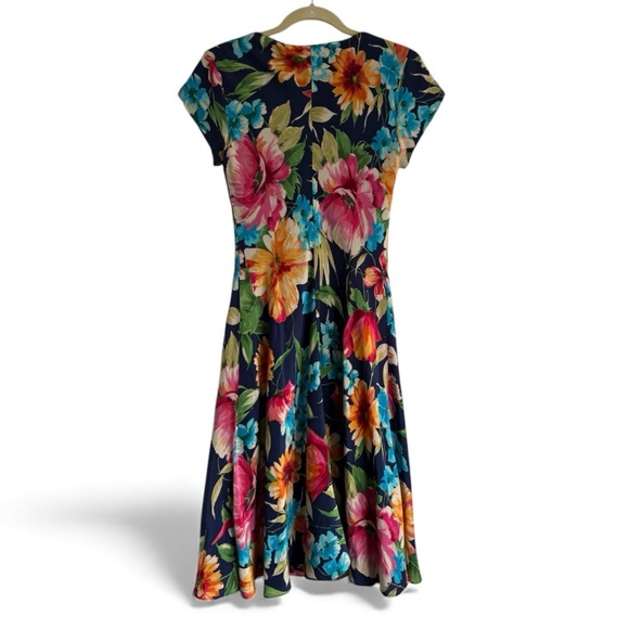 Talbots Silk Floral Midi Dress Fit Flare Lined Classic Vacation Style Navy 10 - Picture 4 of 7